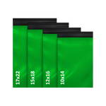 green mailing bags assorted pack of 100 in sizes 10x14, 12x16, 15x18 and 17x22 for postage and packaging.