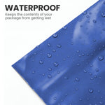 Blue mailing bag with water droplets showing moisture proof water resistant parcel protection.