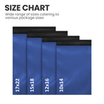 Size chart showing a range of blue mailing bag sizes for parcels and postal packaging.