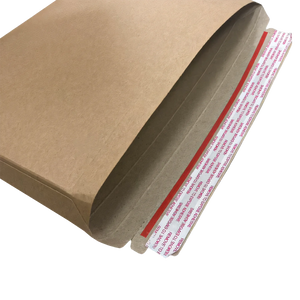 Close up of an expandable cardboard envelope with adhesive strip