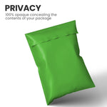 Green opaque mailing bag showing full privacy and concealment of package contents.