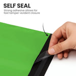 Hand peeling the adhesive strip of a green self-seal mailing bag showing its strong tamper-evident