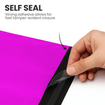 Hand peeling the adhesive strip of a pink self-seal mailing bag showing its strong tamper-evident closure.