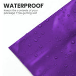 Close-up of a purple mailing bag with water droplets showing its moisture-resistant design