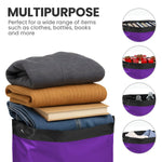 purple multipurpose mailing bag filled with clothes, books and gifts showing its use for varied packaging items.