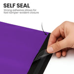 Hand peeling the adhesive strip of a purple self-seal mailing bag showing its strong tamper-evident closure.